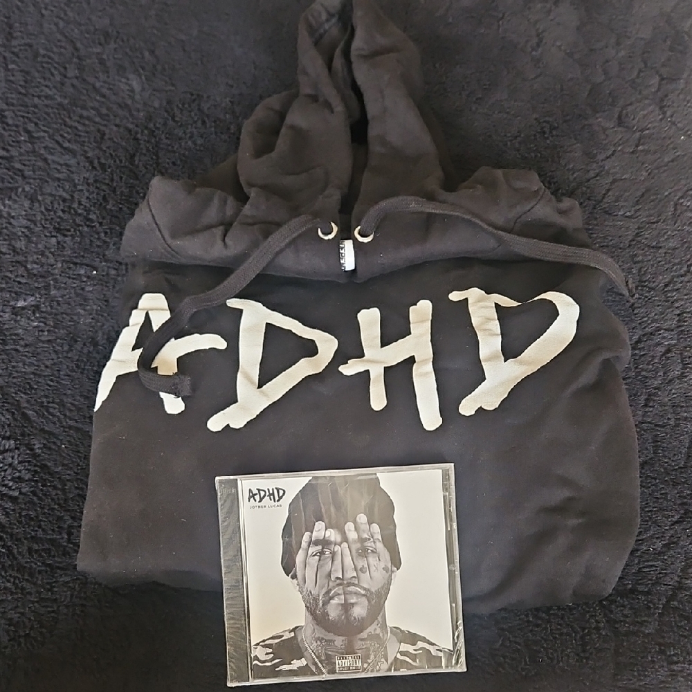 Joyner Lucas-Black Hoodie with White 'ADHD' Print and ADHD CD